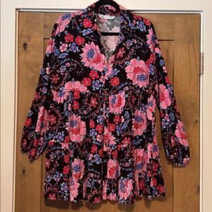 ZARA Multicolor Floral Button Down Tiered Ruffle Blouse Top Womens L Peasant